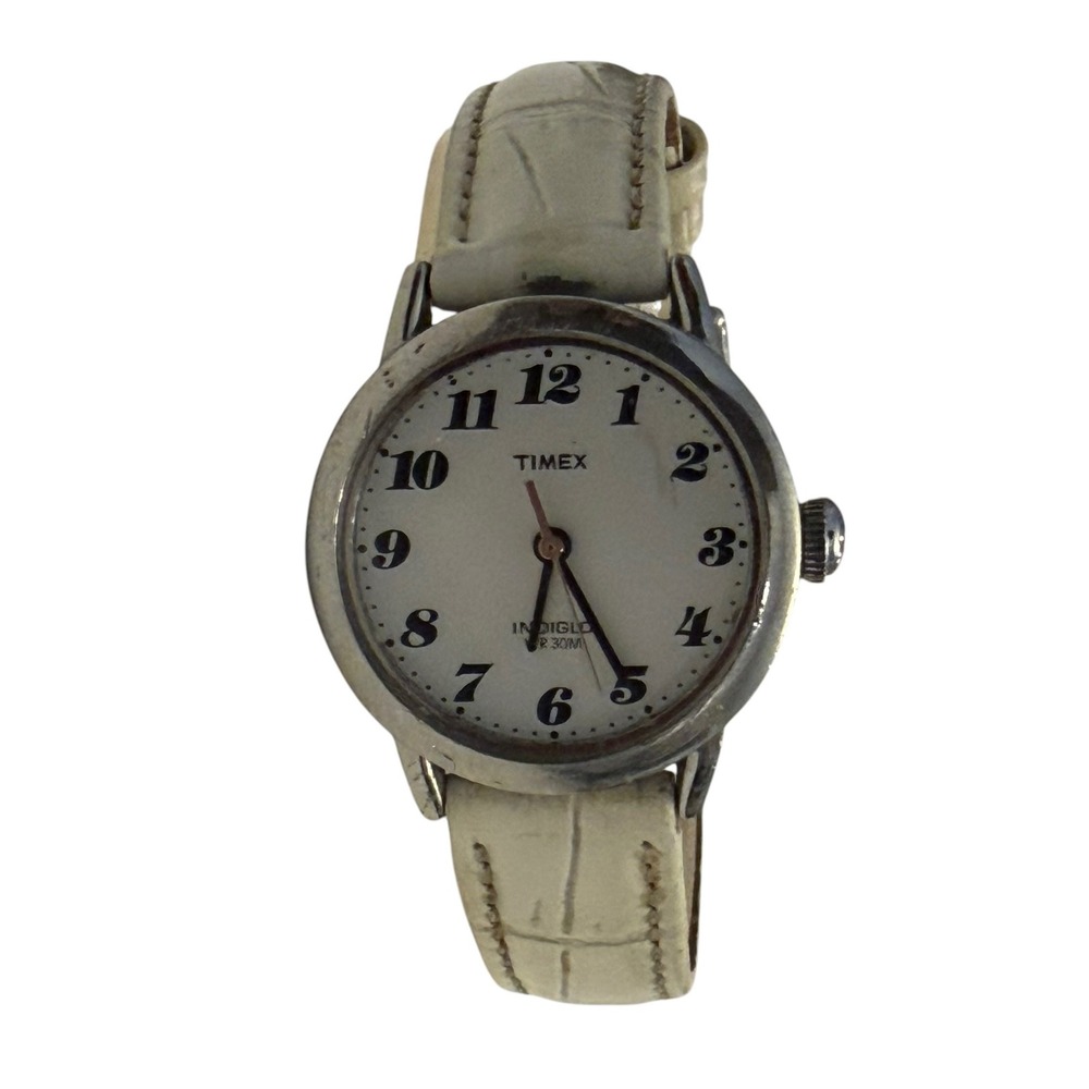 Timex Indiglo Women's Watch White Leather Strap Silver Tone Case Needs Battery